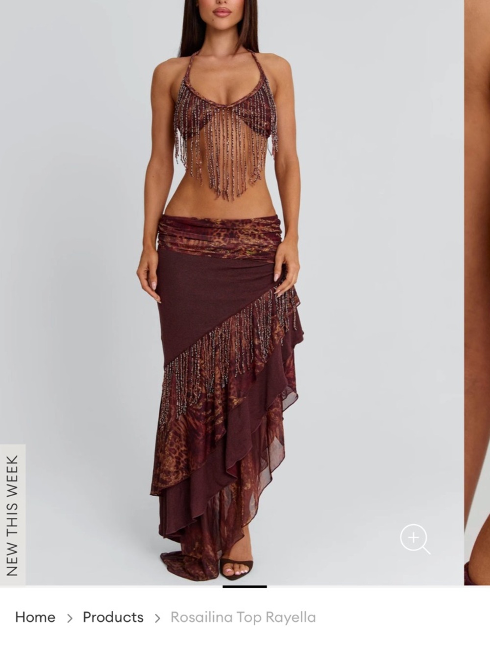 Rosailina Brown Maxi Skirt - Beaded Fringe Detail - Picture 2 of 3